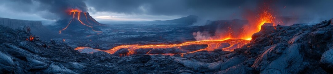 Fototapeta premium Dramatic Lava Eruption Flowing Into a Valley Below. Generative AI