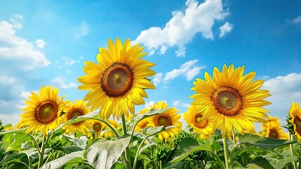 Obraz premium sunflower field, stunning summer, countryside photography, Scenic sunflower field under bright blue sky for stunning summer landscape, a sunflower field stretching to the horizon under a blue sky