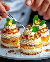 patisserie, food photography, luxury dining, Michelin Star Dessert, A Photograph of a pastry chef plating a stunning gourmet dessert on white porcelain, placing final touches with precision tweezers.