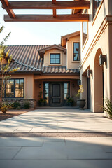 Luxury Home Exterior: Modern Architectural Design, Stunning Facade, and Landscaped Garden. Real Estate Photography