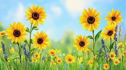 Fototapeta premium Floral Illustration, Nature Art, Watercolor Aesthetics, Golden hour sunflower field in dreamy watercolor summer hues , Dreamy watercolor painting of a golden hour sunflower field