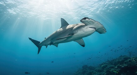 Naklejka premium Majestic Hammerhead Shark Gracefully Navigating the Ocean Depths