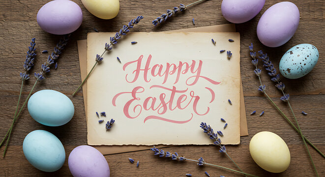 Pink Easter greeting card calligraphy on distressed paper with pastel eggs and lavender, festive floral arrangement with spring elements - Powered by Adobe
