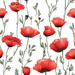 Vibrant floral design featuring red poppies and delicate green leaves in a seamless pattern. Seamless pattern. Generative AI