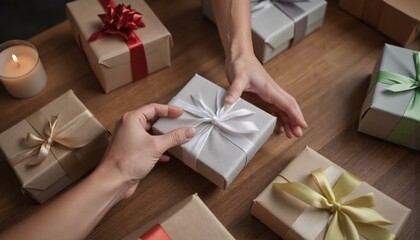 Different boxes tied with ribbons with gifts on the table. 