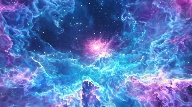 A dynamic cosmic scene with a swirling, intense blue-purple nebula at the center, surrounded by stars in various colors and constellations The motion of the nebula gives a sense of dep - AI-Generated