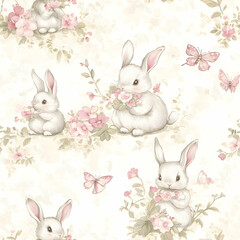 Charming seamless pattern of playful rabbits and delicate flowers amidst fluttering butterflies in soft hues. Seamless pattern. Generative AI