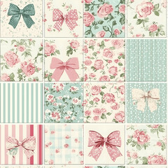 Delicate floral and polka dot seamless pattern combining roses and bows in soft pastel colors. Seamless pattern. Generative AI