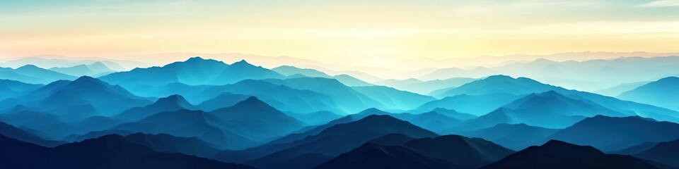 Panoramic Aquamarine Mountainscape: Artistic Digital Blue Hills and Ridges Under a Colorful Sunset in Nature's Breathtaking Wilderness
