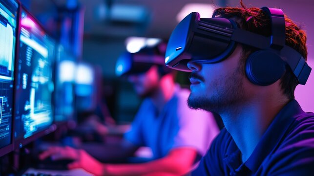 Immersive Virtual Reality Experience Futuristic Technology Modern Gamers Headset Neon Lights Advanced Digital Gaming Innovation Cyberpunk Aesthetic   