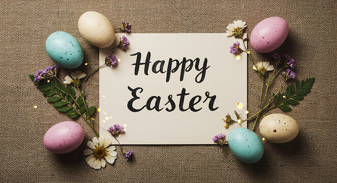 Easter greeting card on rustic paper with pastel eggs, lavender floral arrangement and spring elements and on rustic surface.