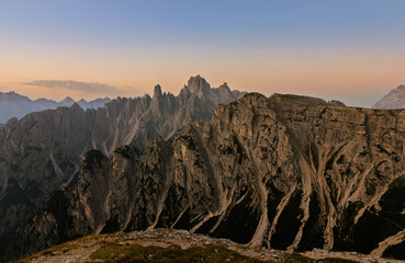 Cadini di Misurina viewpoint, Cadore, Dolomiti panorama during morning sun sunrise golden hour