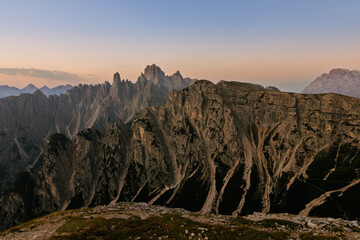 Cadini di Misurina viewpoint, Cadore, Dolomiti panorama during morning sun sunrise golden hour