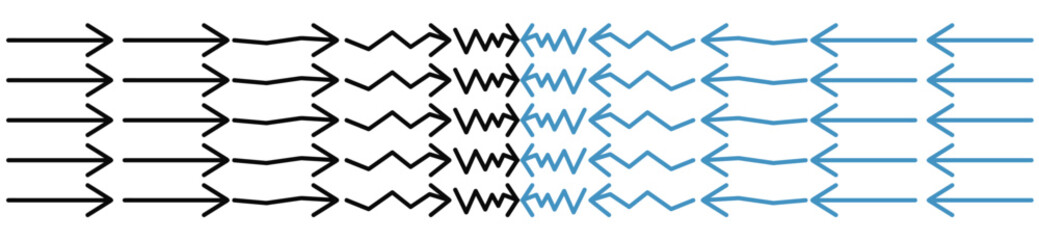 Many arrows meet each other, symbolizing hardened fronts, collision, impact, attack, firewall