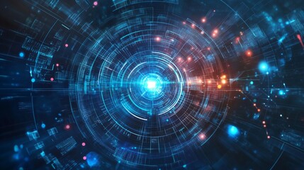 Abstract Digital Network Connection Background With Glowing Blue And Red Lights