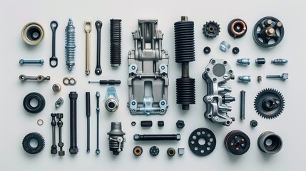 Spare car parts on a white background. Auto mechanics and automotive parts. Engine service with room for text.