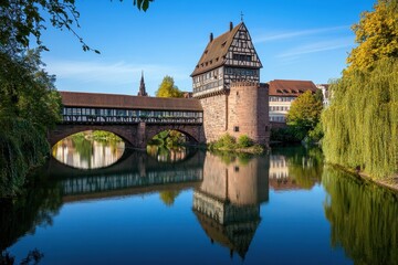Fototapeta premium Nuremberg: Historic Charm of the Old City by the Pegnitz River in Germany