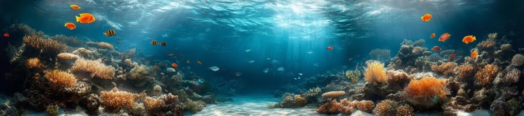 Fototapeta premium Tropical Coral Reef with Schools of Fish and Shimmering Water in Sunlight. Generative AI