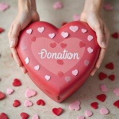 Red box in the shape of a heart decorated with hearts with the inscription "donations" in hands.