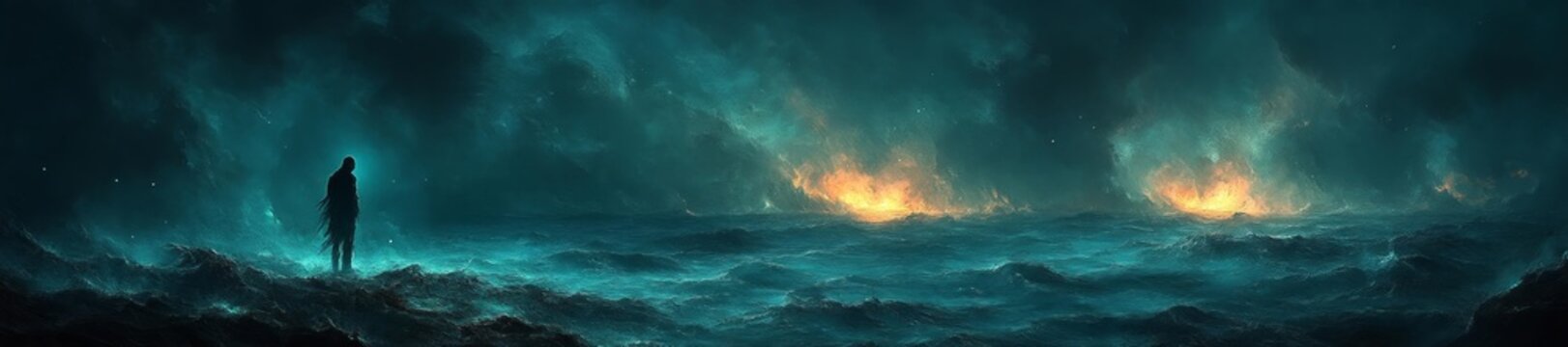 Person Standing Alone in a Chaotic Ocean with Fiery Light in the Distance. Generative AI