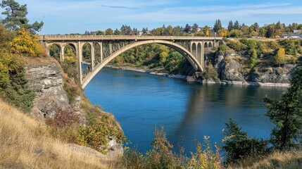 Fototapeta premium Scenic bridge over a river with autumn foliage nearby
