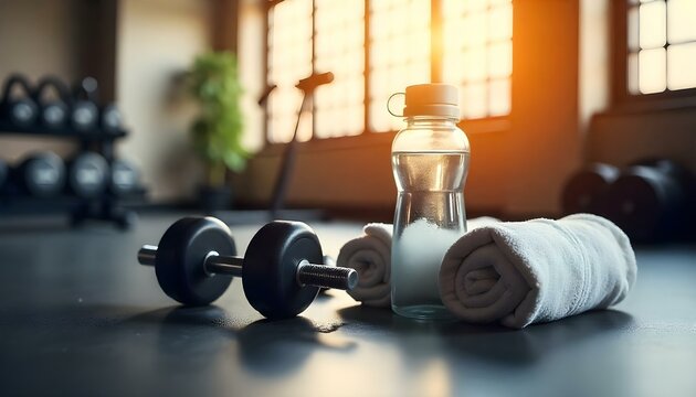 toma de un gimnasio, con un par de mancuernas, una botella de agua y una toalla enrollada sobre un piso elegante y oscuro
