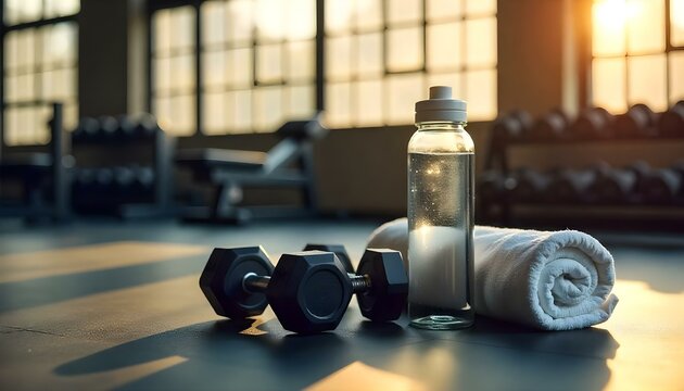 toma de un gimnasio, con un par de mancuernas, una botella de agua y una toalla enrollada sobre un piso elegante y oscuro