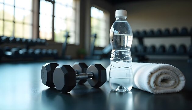 toma de un gimnasio, con un par de mancuernas, una botella de agua y una toalla enrollada sobre un piso elegante y oscuro