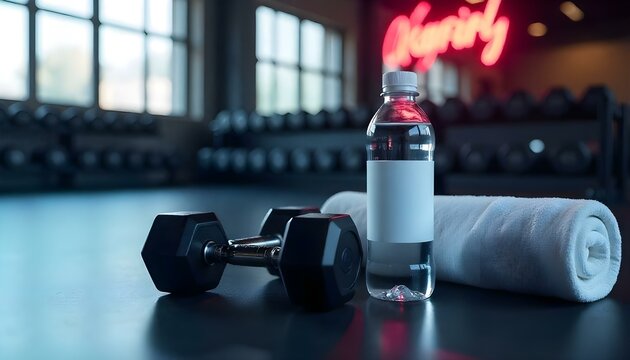 toma de un gimnasio, con un par de mancuernas, una botella de agua y una toalla enrollada sobre un piso elegante y oscuro