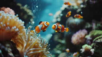 Two colorful clownfish swim happily in their clear tank, making the ocean world come alive.
