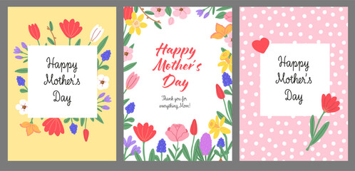 Happy Mother's Day Cards. Colourful Floral Mother’s Day Cards. Postcards with Hand Drawn Flowers.