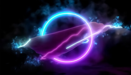 Vibrant Neon Circle with Flowing Fabric and Colorful Smoke