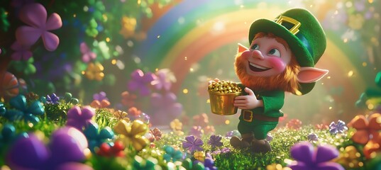 Leprechaun Holding Pot of Gold in Colorful Meadow with Rainbow

