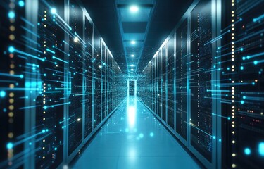 A futuristic data center with glowing blue lights and high-speed connections, symbolizing AI, cybersecurity, and cloud computing. Ideal for technology theme