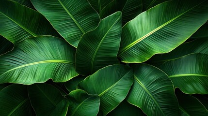 Obraz premium Lush tropical banana leaves background texture, overhead shot