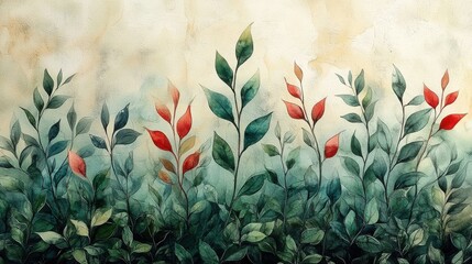 A vibrant illustration of colorful leaves in various shades, set against a textured light background. The art conveys a sense of nature and growth.
