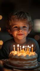 Joyful child celebrating birthday with cake and candles in cozy indoor setting at night