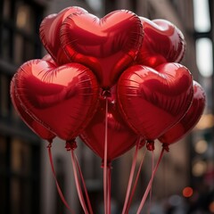 Red shiny balloons in the shape of hearts on a blurred background