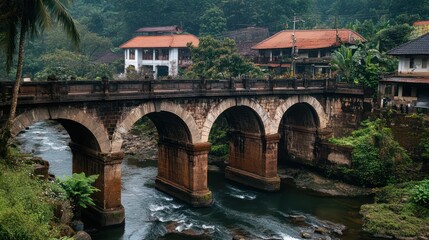 Historic stone bridge over river with lush greenery surrounding