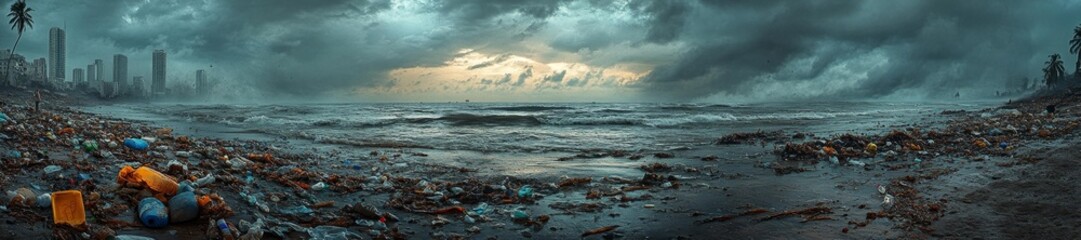 Obraz premium Coastal Trash: Urban Waste and Ocean Pollution on Shore. Generative AI