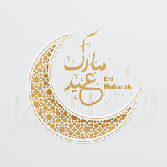Islamic greetings eid mubarak card design with crescent moon and luxury islamic decorative ornament