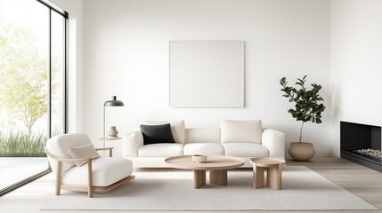 Modern Living Room: The epitome of modern living, showcasing a stylish and minimalist interior with a comfortable sofa, arm chair, coffee table and green plant and a bright and airy atmosphere. 