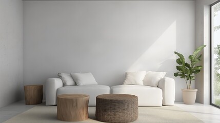 Serene Living Room: Bright, minimalist interior design with a comfortable sofa, wooden side tables, potted plant, and large window.