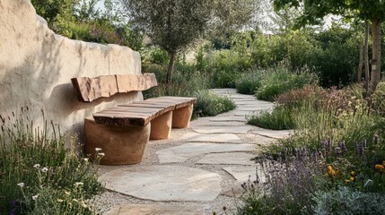 Obraz premium A wooden bench sits on a stone path in a lush garden, surrounded by vibrant flowers and greenery.