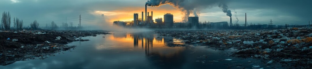 Obraz premium Polluted landscape with a factory releasing chemical fumes near a water body. Generative AI