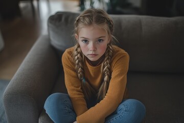 Obraz premium Melancholic Girl Kneeling by Sofa at Home, Braided Hair, Casual Attire in a Cozy Living Space