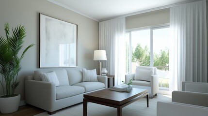 Fototapeta premium Cozy Interior: A light-filled living room showcasing a modern sofa, elegant armchairs, and stylish coffee table. Featuring large windows that frame views.