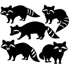 Playful Raccoons in Black and White Silhouette Clipart  Vector Collection set 