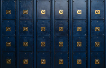 Fototapeta premium Blue high school lockers with gold locks, wide-angle