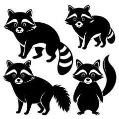 Playful Raccoons in Black and White Silhouette Clipart  Vector Collection set 